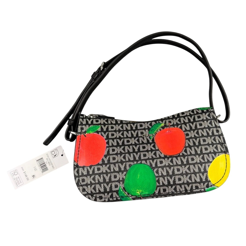 DKNY Jessa Shoulder Bag Black White Logo Fruit Print Baguette R613IR52 NEW